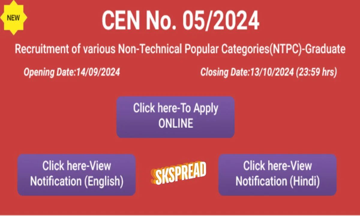 RRB சென்னை NTPC ஆட்சேர்ப்பு 2024 ! மத்திய ரயில்வேயில் 8,113 Graduate காலியிடம் அறிவிப்பு !